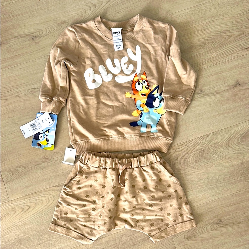 Bluey & Friends 18 months Tan Matching Set Sweatshirt Shorts NWT
